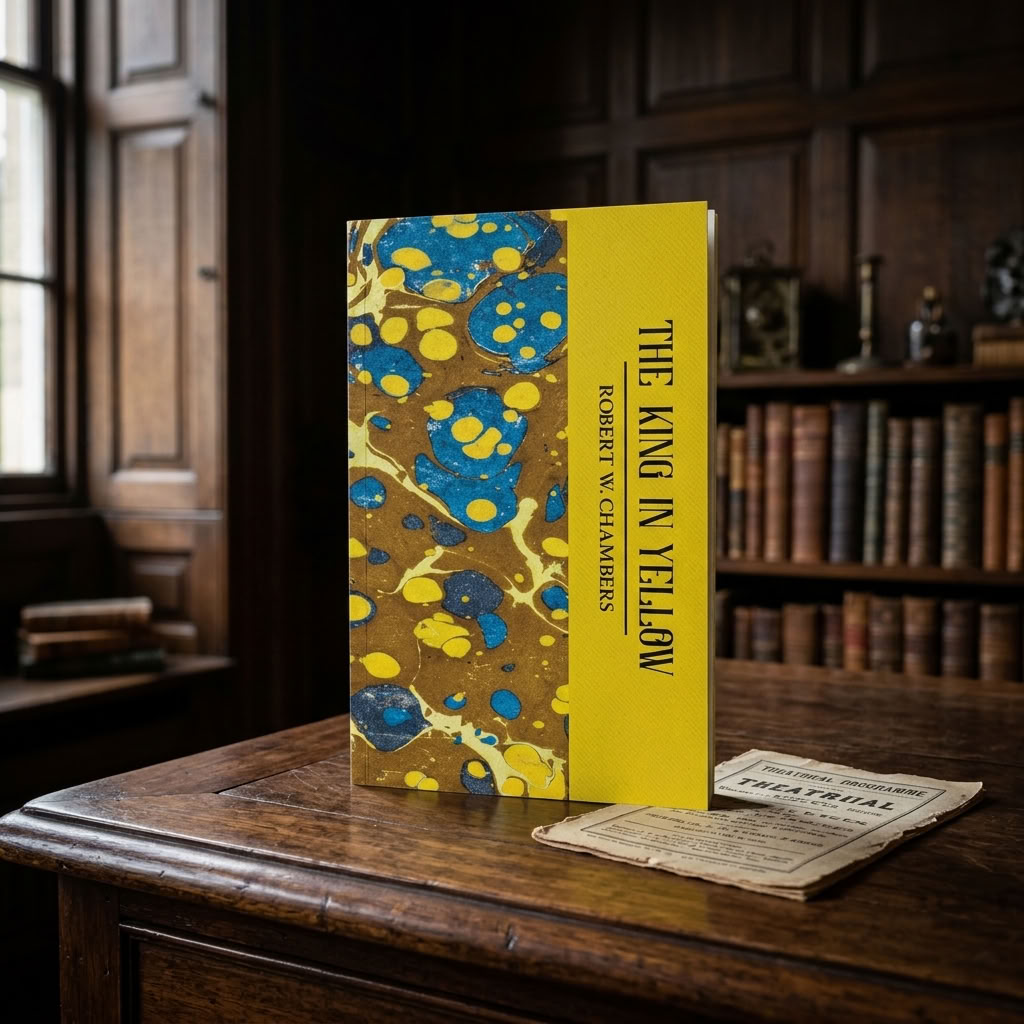 The King in Yellow by Robert W. Chambers paperback on an antique walnut writing desk in a Victorian study