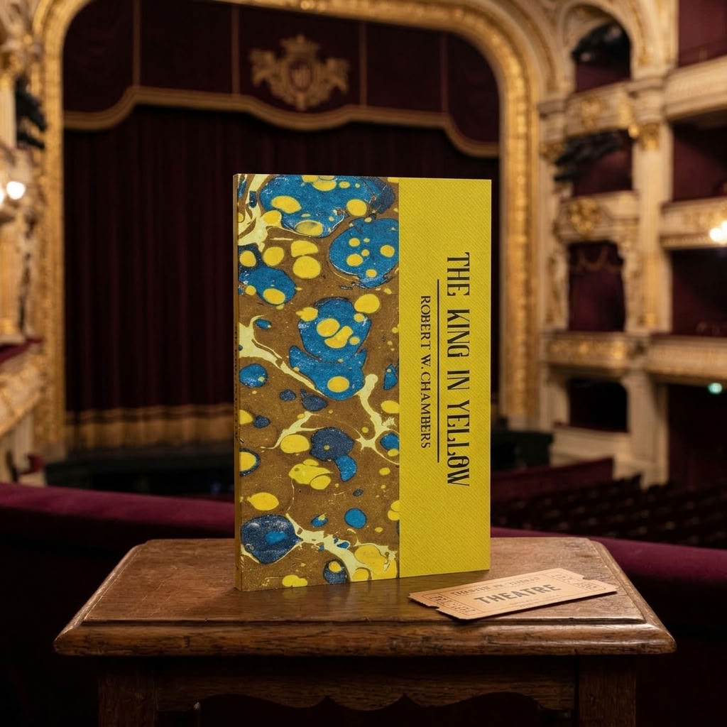 The King in Yellow by Robert W. Chambers paperback on an antique table inside a traditional theatre with burgundy curtains