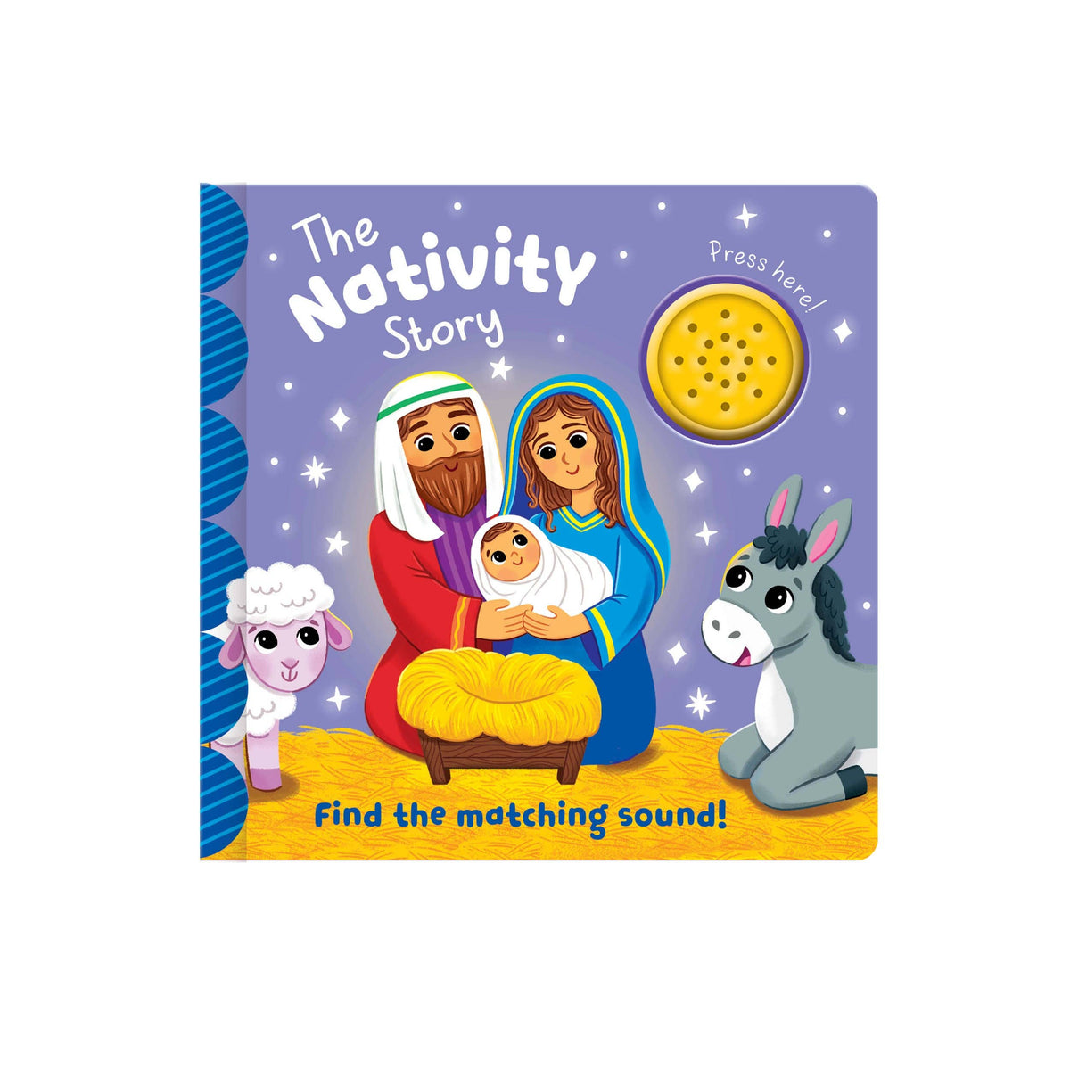 The Nativity children's one-button sound book showing its colourful illustrated front cover, Nativity characters and yellow sound button