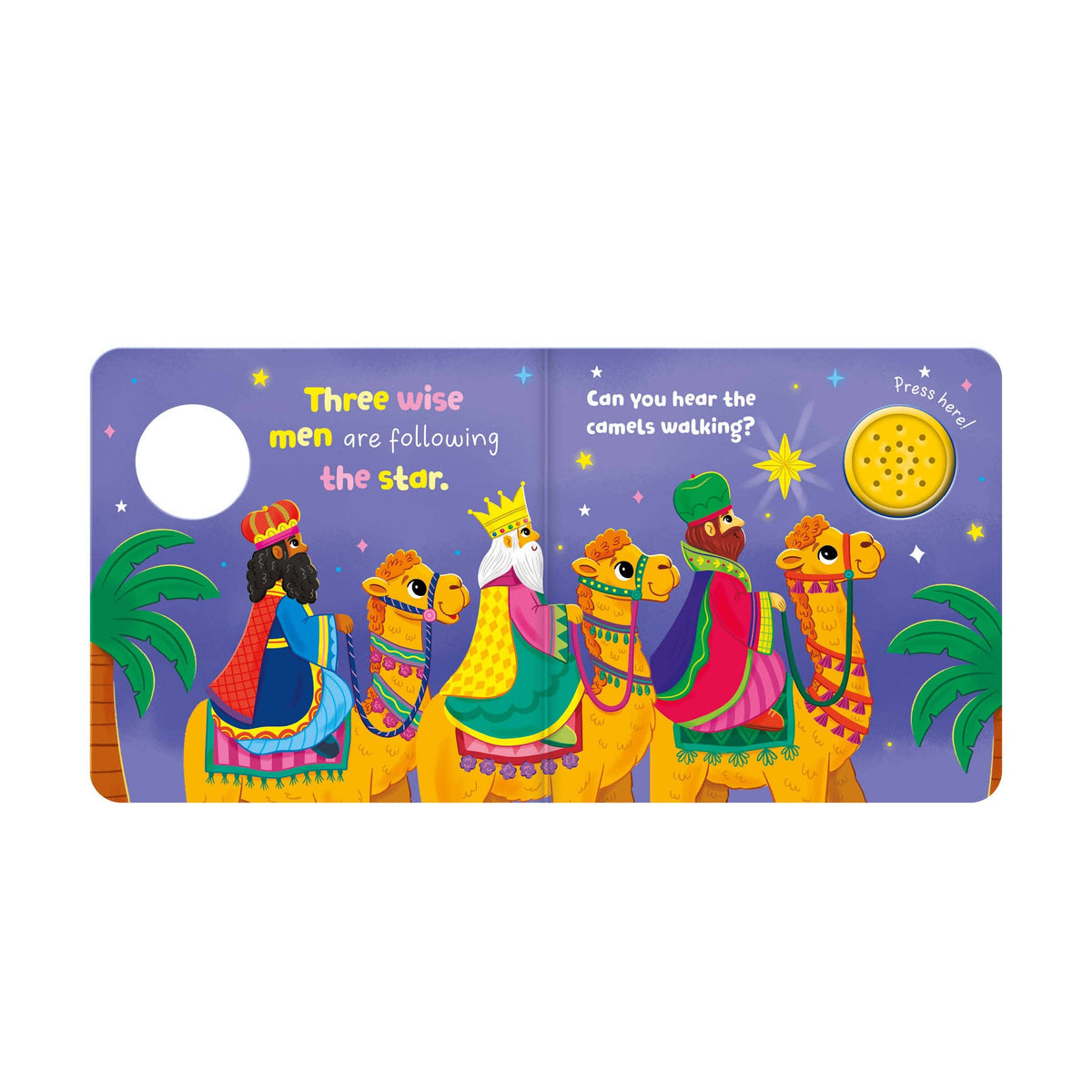 The Nativity children's sound book opened to reveal colourful illustrated Nativity scenes and interactive sound-matching pictures