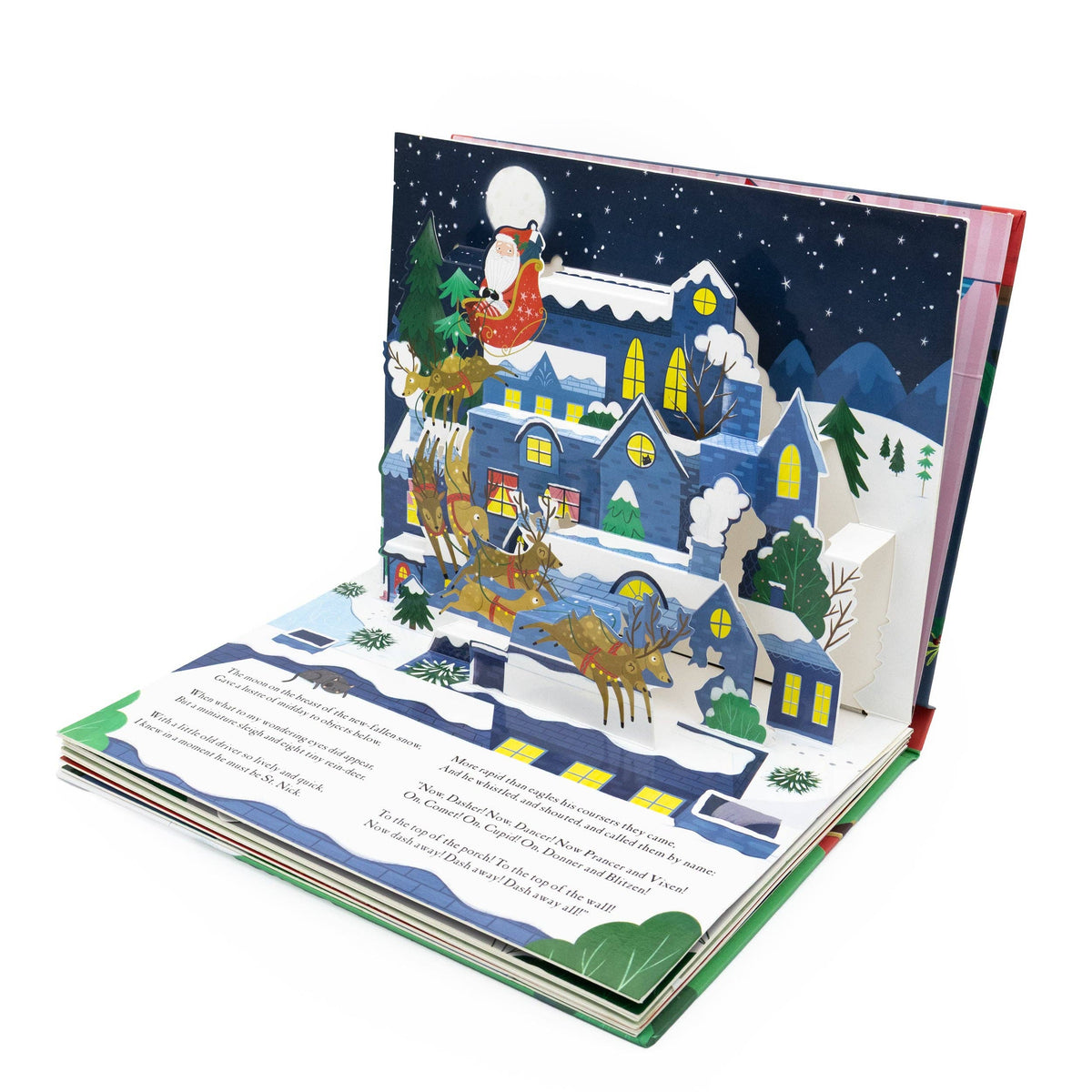 The Night Before Christmas children's pop-up book showing a snowy illustrated Christmas scene