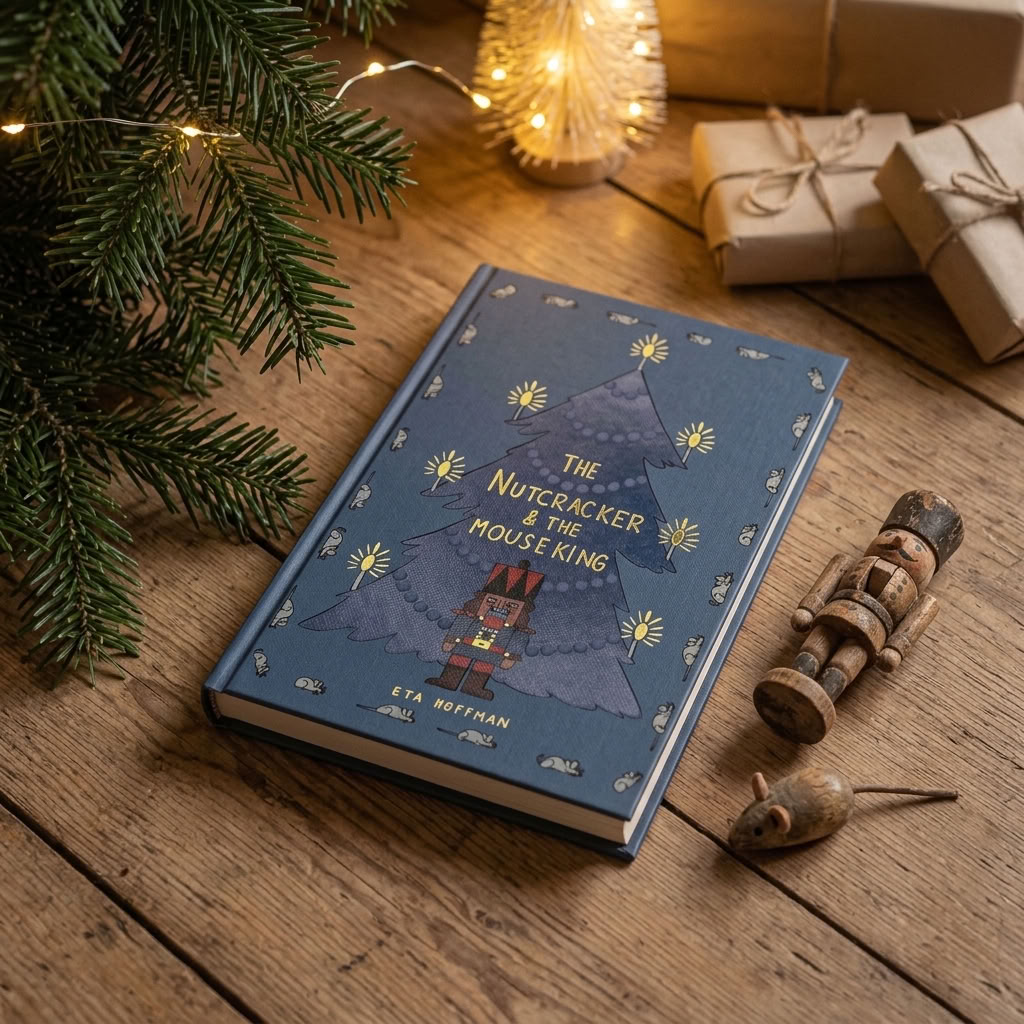 The Nutcracker & the Mouse King by E.T.A. Hoffmann hardback beneath a Christmas tree with a traditional nutcracker