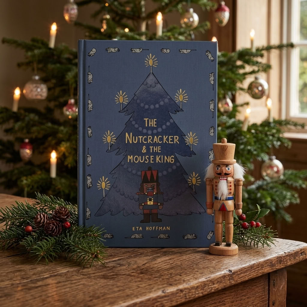 The Nutcracker & the Mouse King by E.T.A. Hoffmann Wordsworth hardback beside a traditional nutcracker and Christmas tree