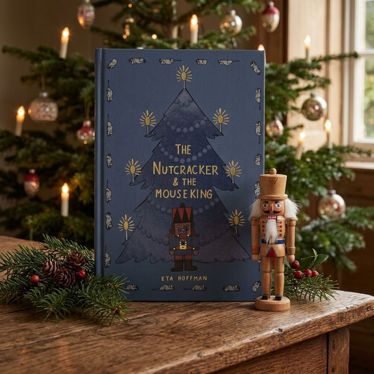 The Nutcracker & the Mouse King by E.T.A. Hoffmann Wordsworth hardback beside a traditional nutcracker and Christmas tree
