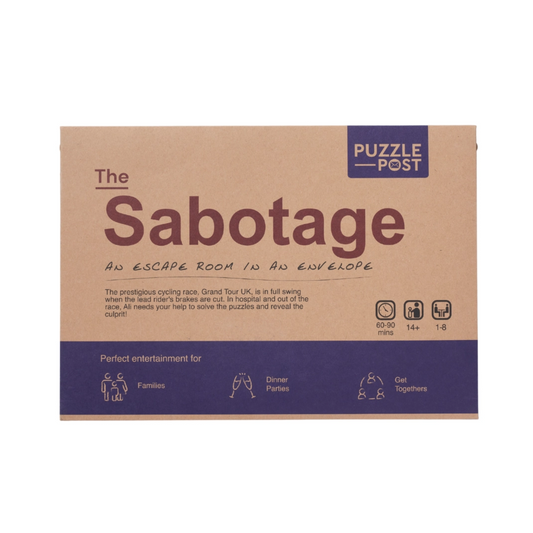 The Sabotage Escape Room in an Envelope game packaging by Puzzle Post