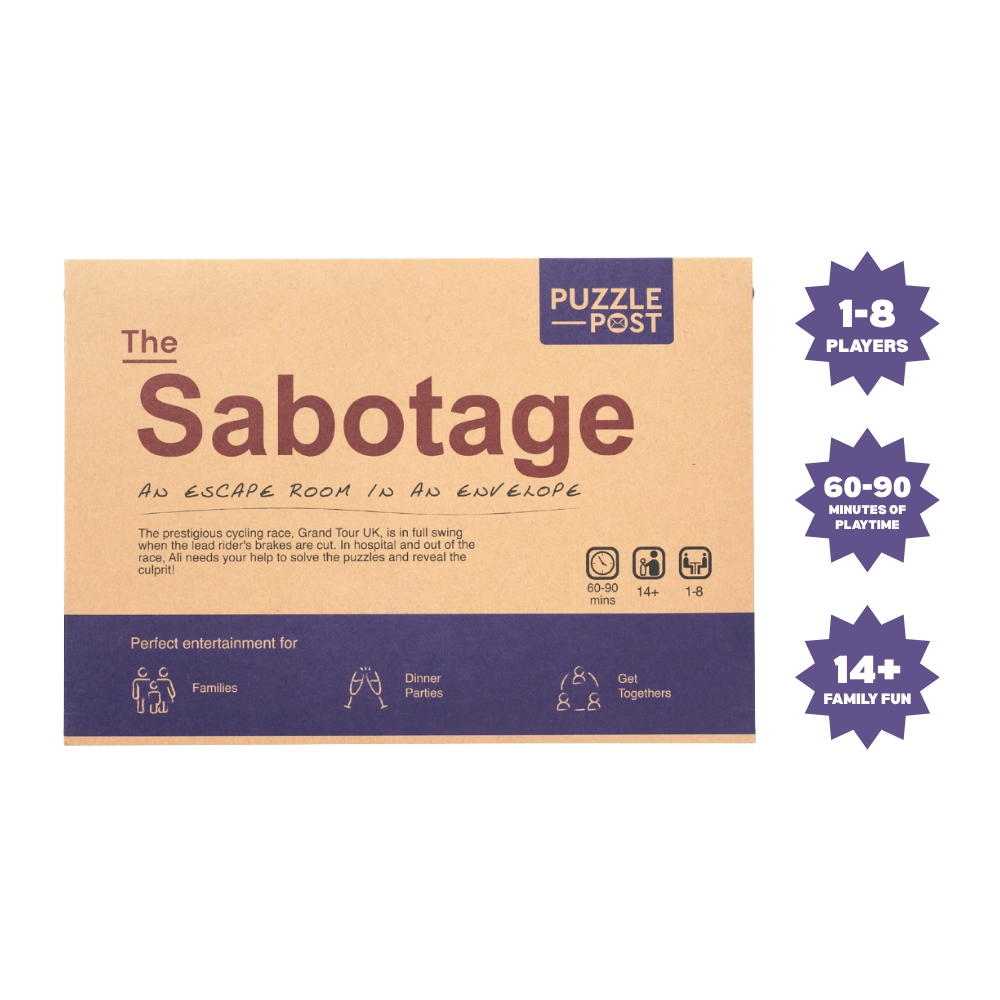 The Sabotage escape room game packaging with player, age and playing time details