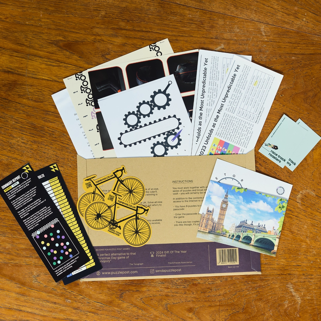 The Sabotage escape room puzzle game contents with immersive clues, documents and game pieces