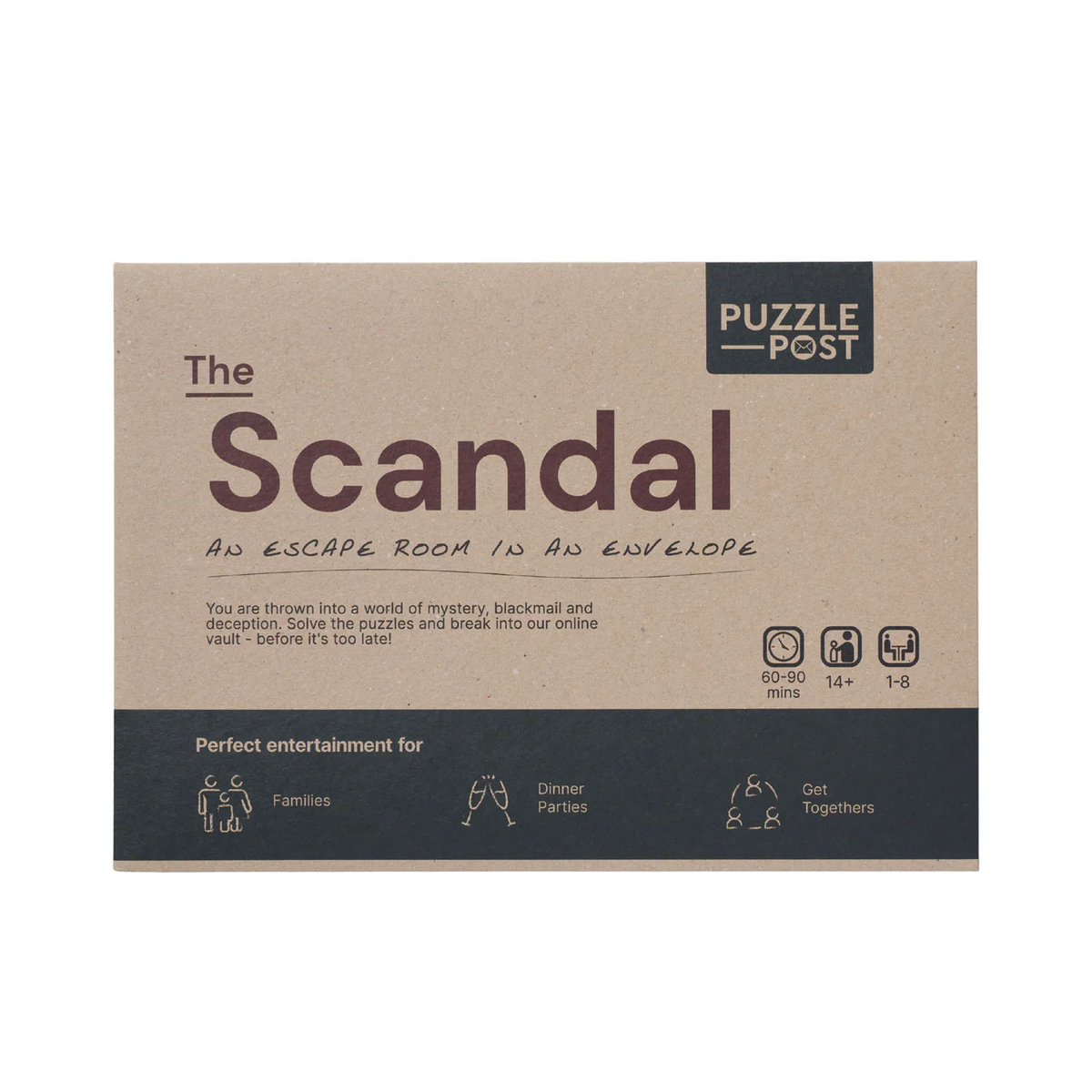 The Scandal Escape Room in an Envelope game packaging by Puzzle Post