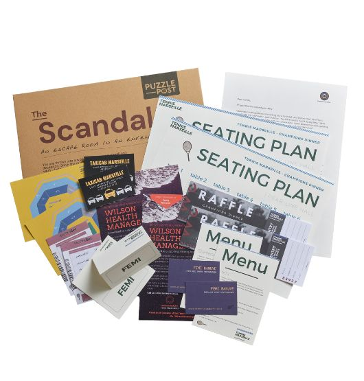 The Scandal complete escape room game contents with puzzle cards, documents and clues