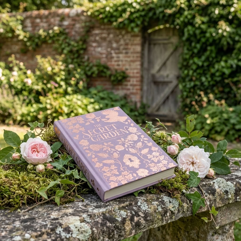 The Secret Garden Wordsworth Luxe hardback in a secluded walled garden with moss, roses and an old wooden door