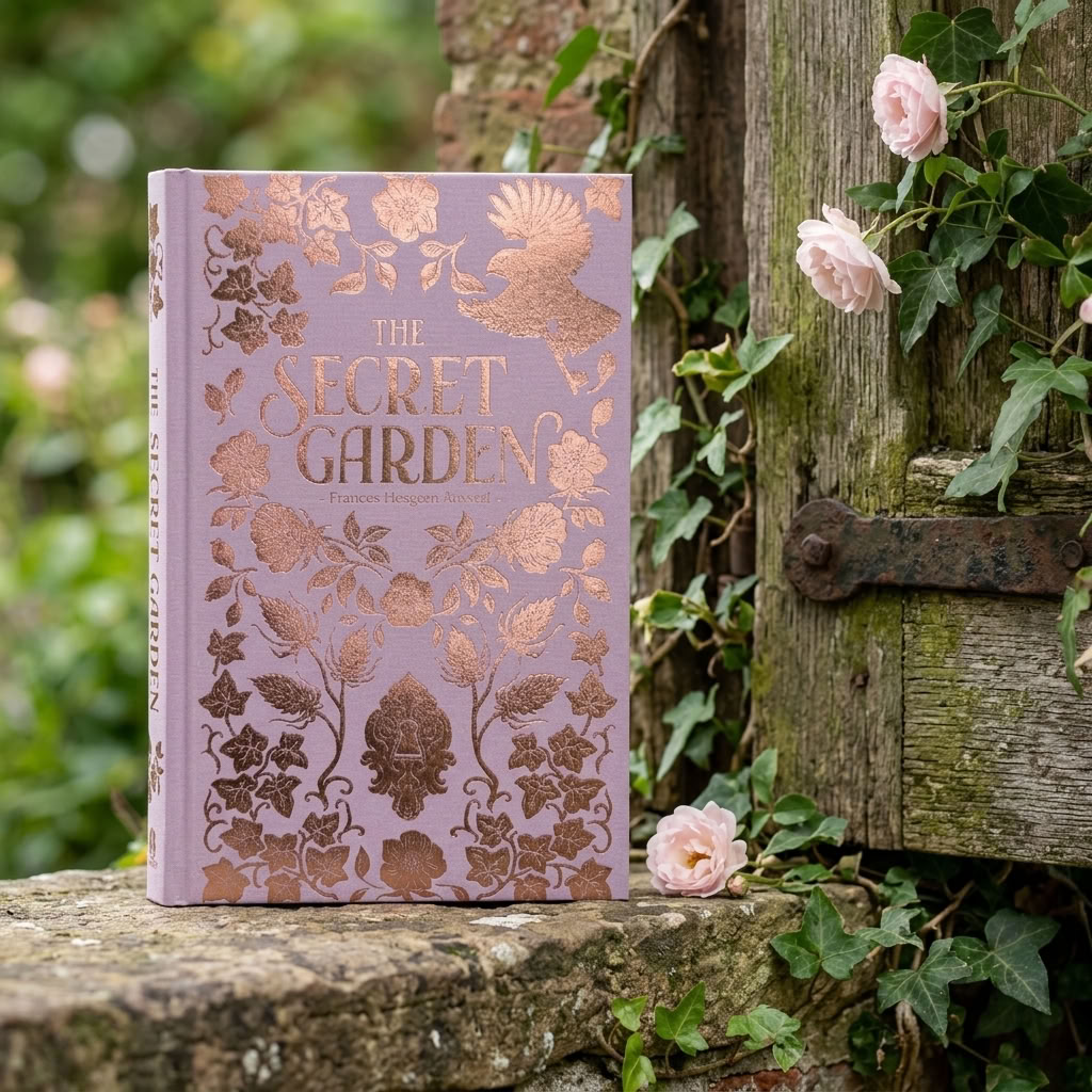 The Secret Garden Wordsworth Luxe hardback beside an old wooden garden door with climbing roses