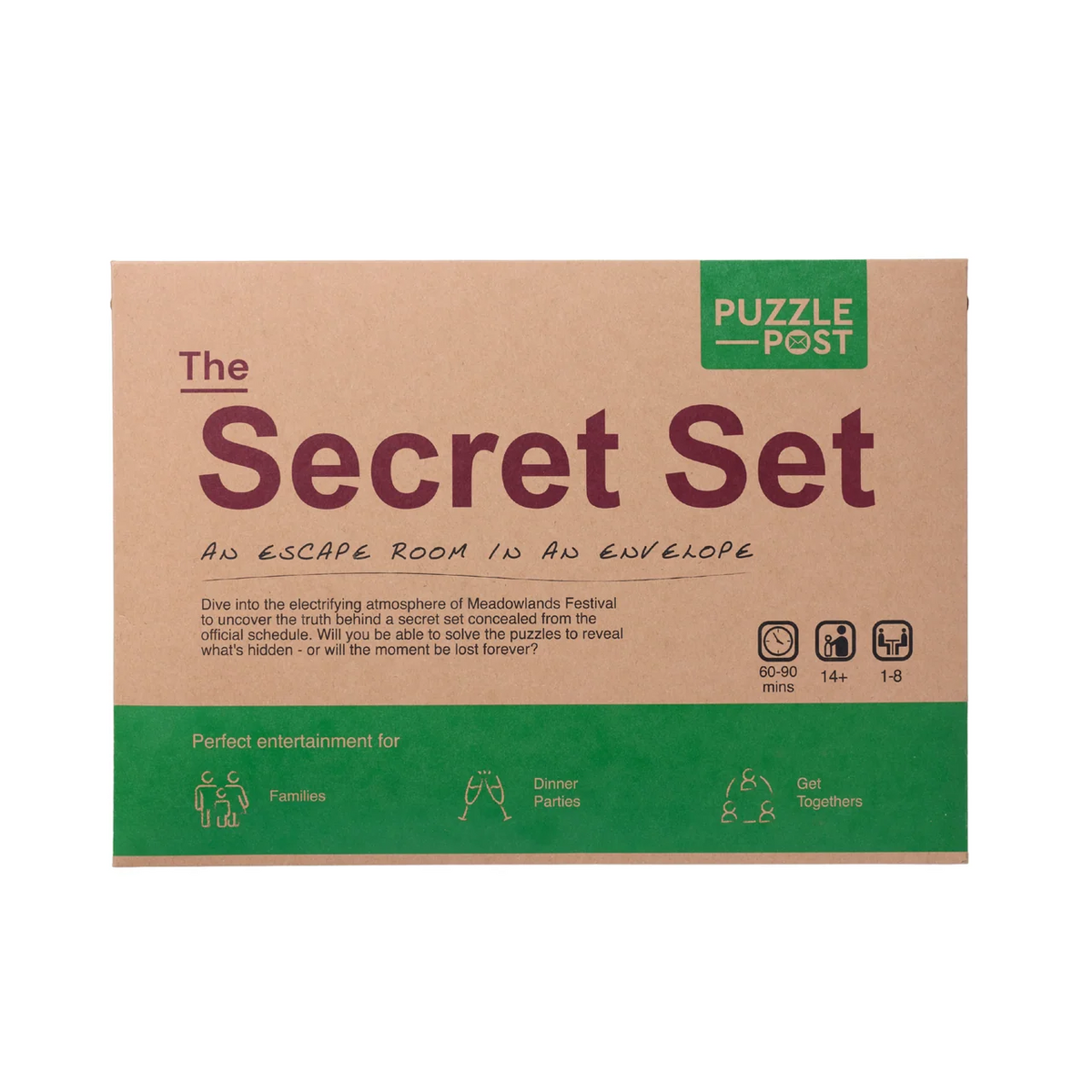 The Secret Set Escape Room in an Envelope game packaging by Puzzle Post