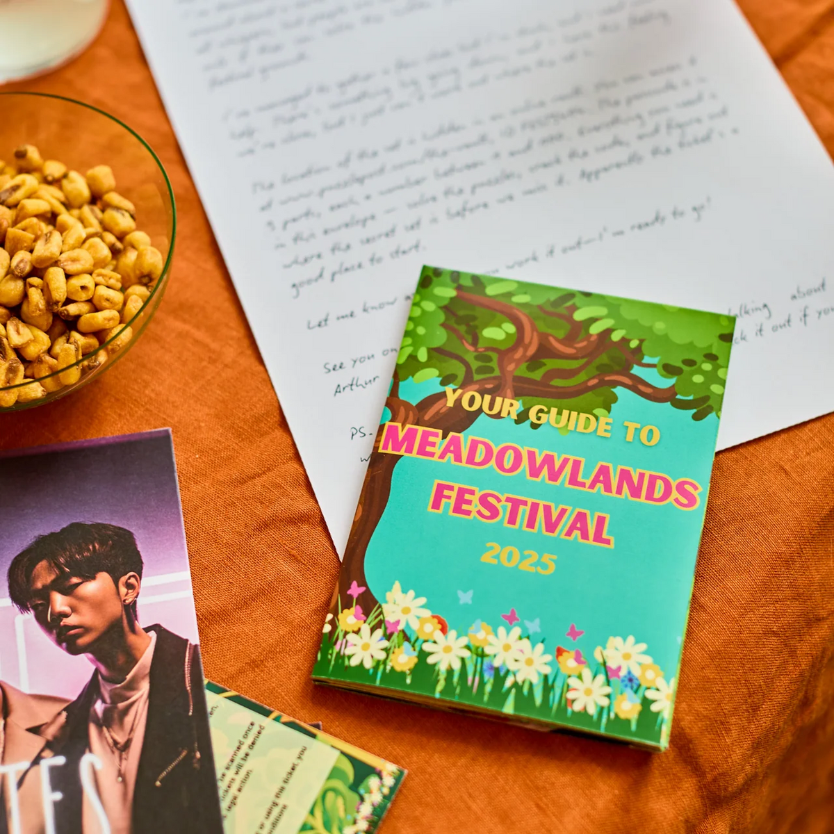 The Secret Set music festival escape room clues with Meadowlands Festival booklet and game pieces