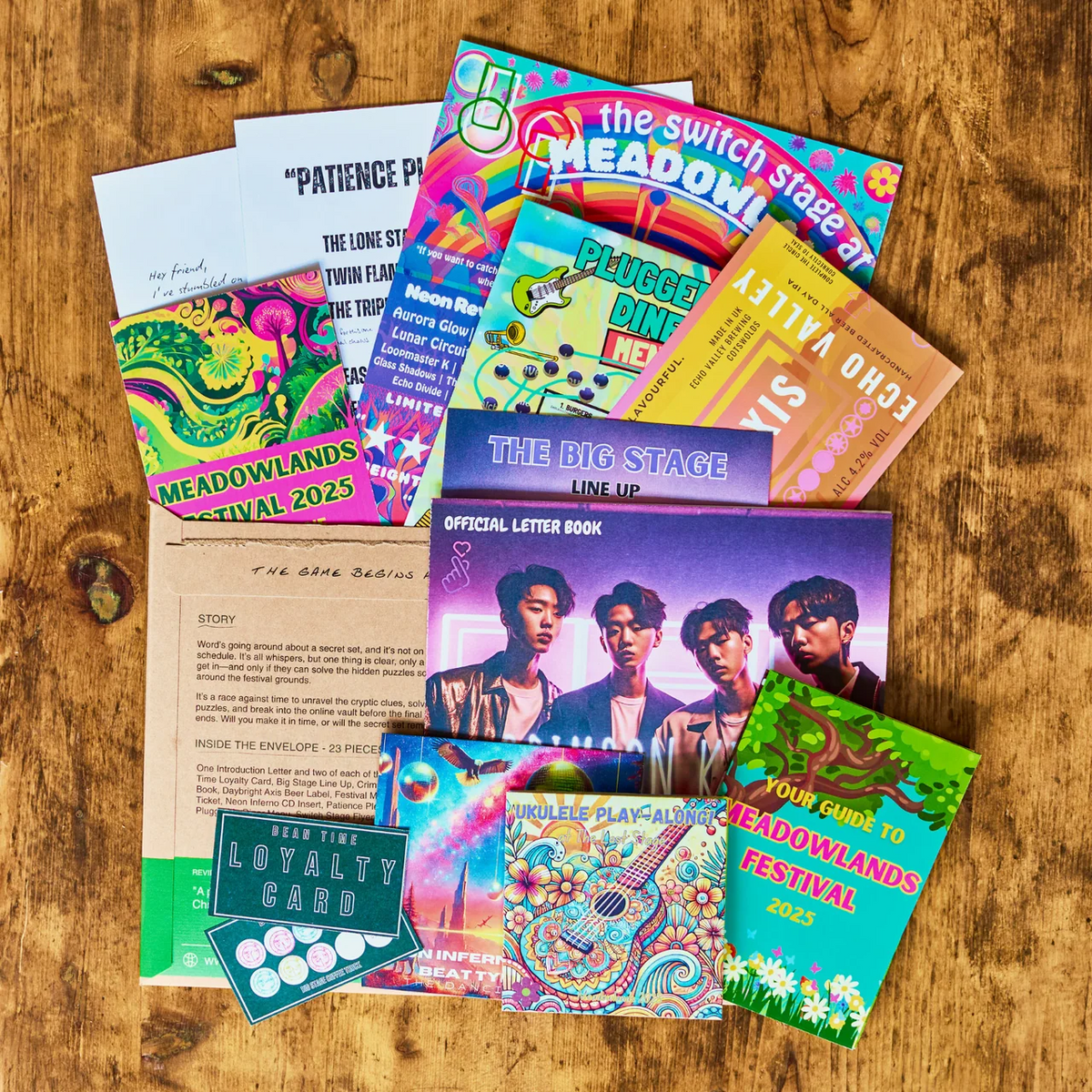 The Secret Set complete puzzle game contents with Meadowlands Festival clues, cards and documents