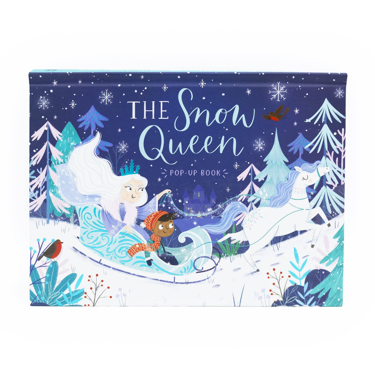 The Snow Queen children's pop-up book showing its illustrated cover with a magical snowy landscape