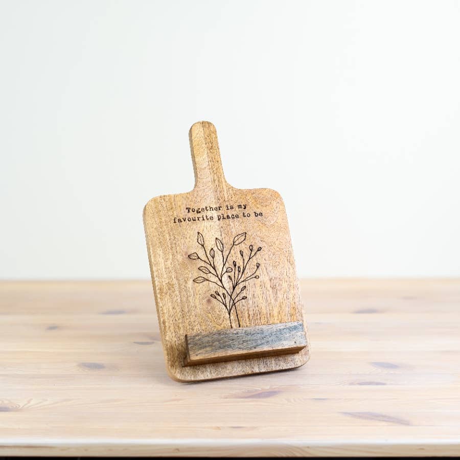 Tree Design Recipe Board on Stand 32cm featuring a rustic natural wood-look finish, delicate tree illustration and heartfelt wording, displayed upright in a country kitchen setting.
