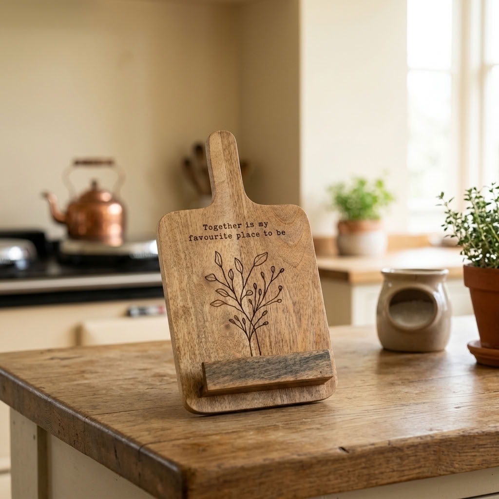 Tree Design Recipe Board on Stand displayed on a wooden worktop in a traditional country kitchen
