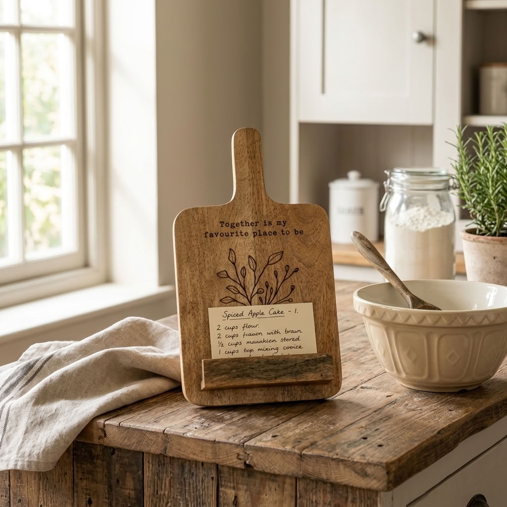 Tree Design Recipe Board on Stand holding a recipe card on a farmhouse kitchen worktop