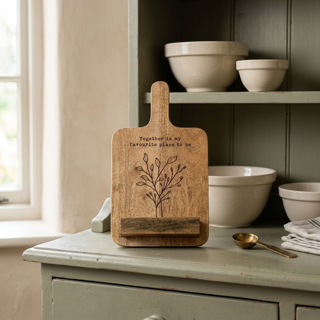 Tree Design Recipe Board on Stand displayed on a sage green kitchen dresser beside cream pottery