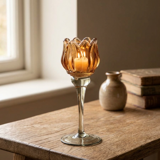 Amber Tulip Glass Candle Holder, 19cm