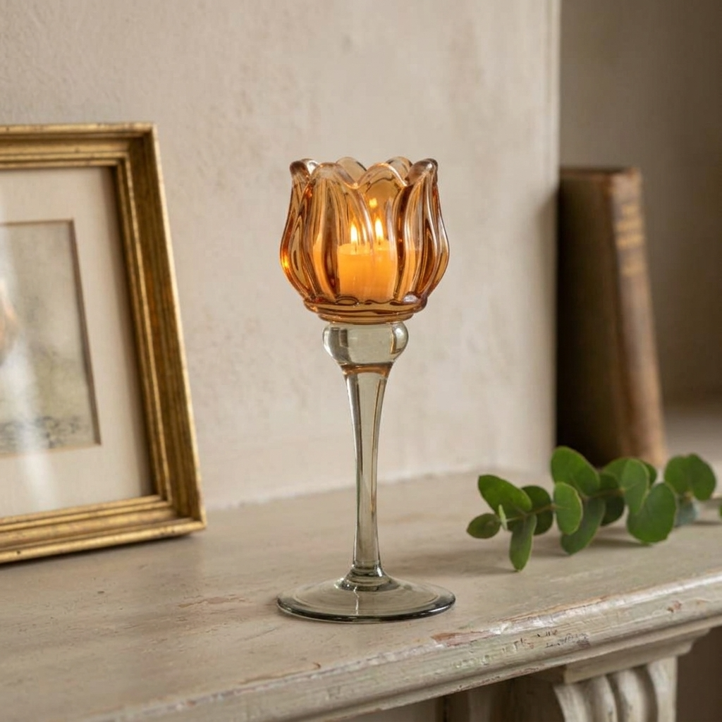Amber Tulip Glass Candle Holder, 19cm