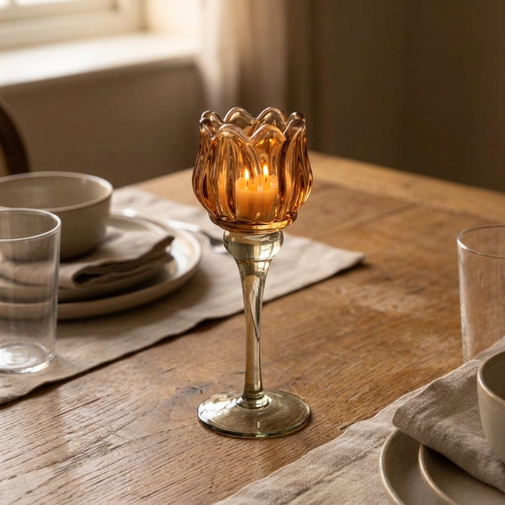 Amber Tulip Glass Candle Holder, 19cm