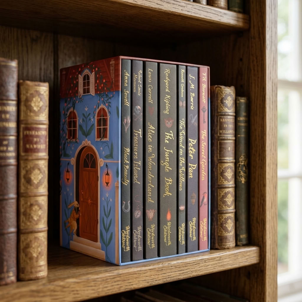 Ultimate Children's Collection seven classic books box set on a traditional oak library shelf