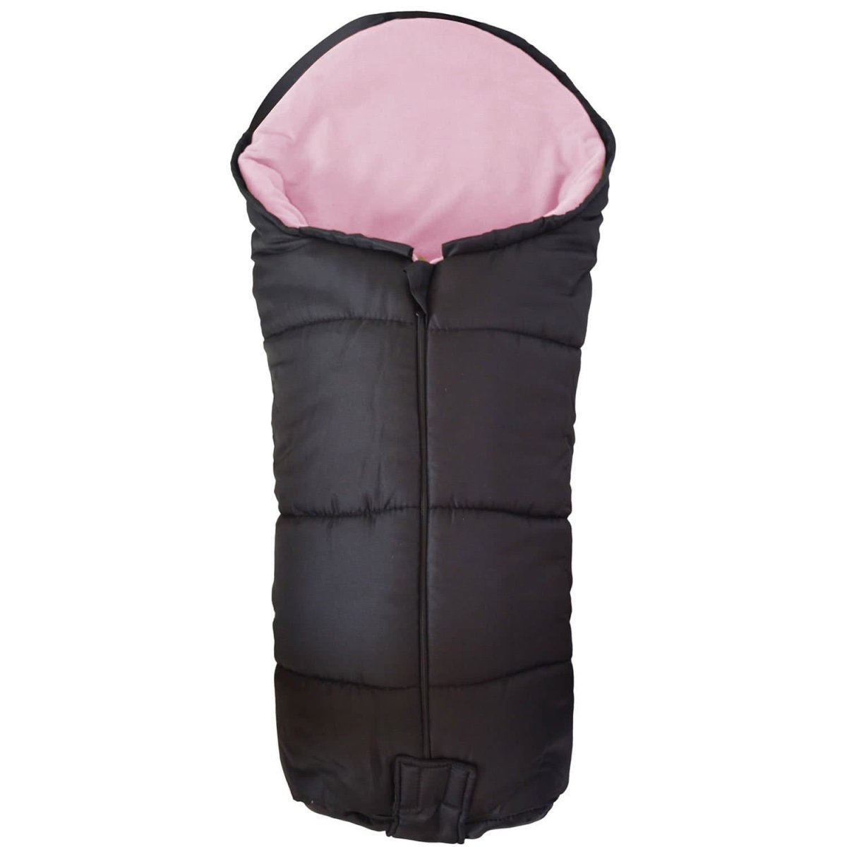 Black footmuff with pink interior on a white background