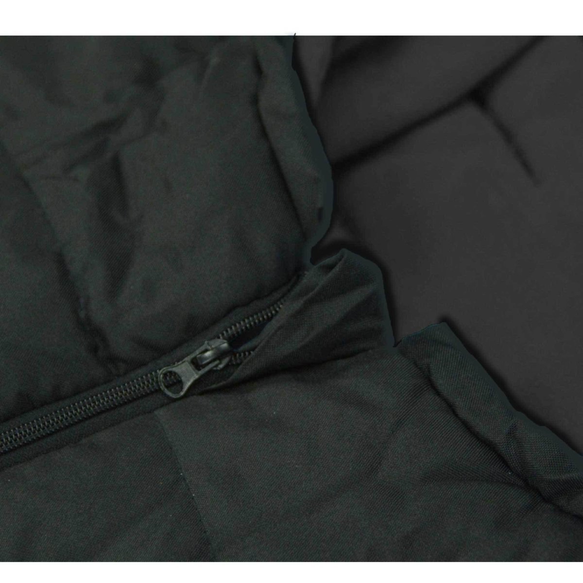 Close-up of a dark green footmuff with a zipper