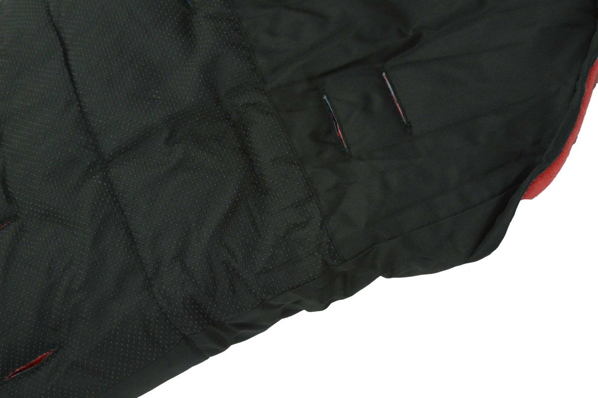 Close-up of a black quilted footmuff with a white background