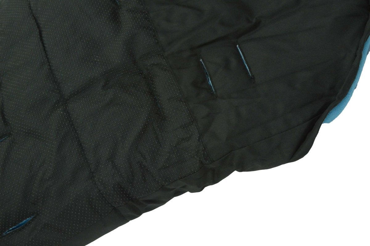 Close-up of a black quilted footmuff with a white background