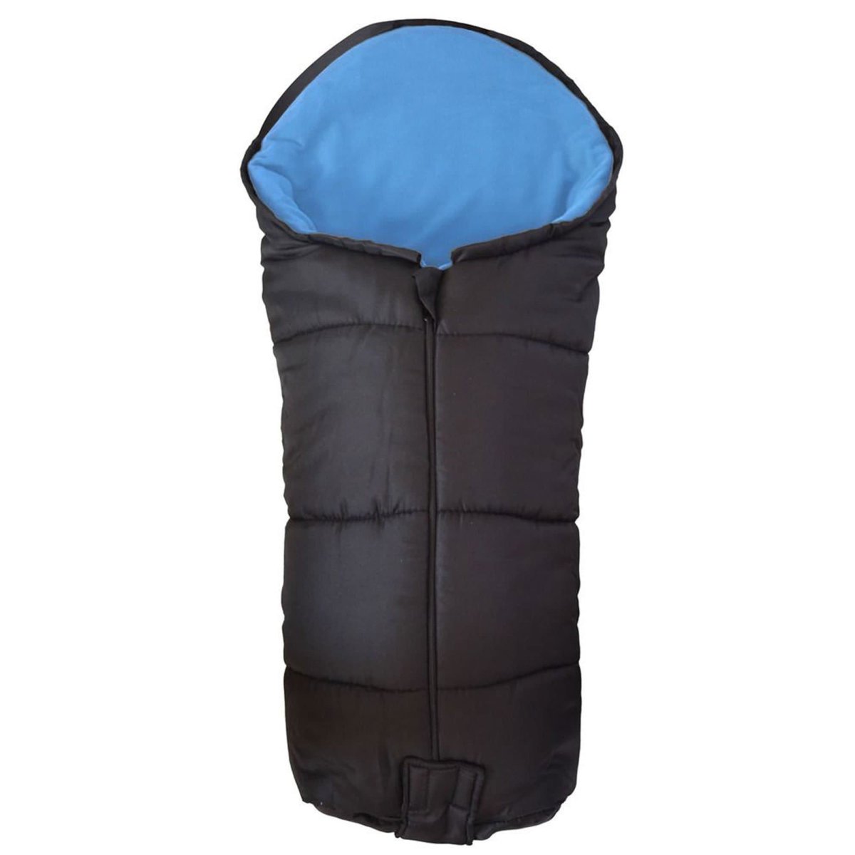 Black footmuff with blue interior on a white background