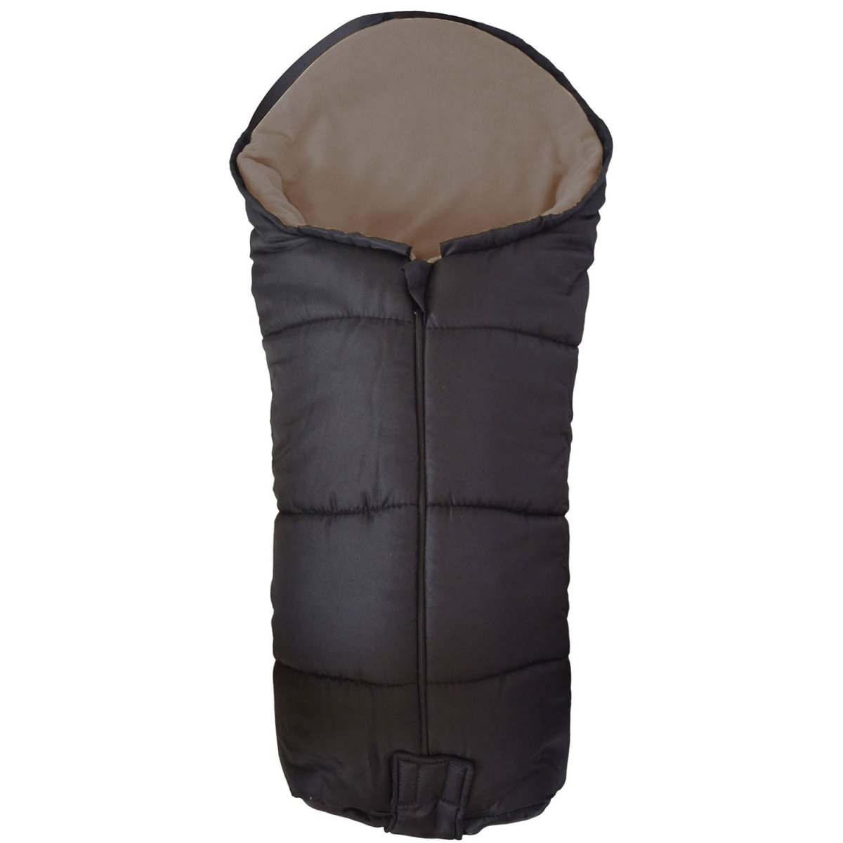 Dark gray puffer footmuff with beige interior on a white background