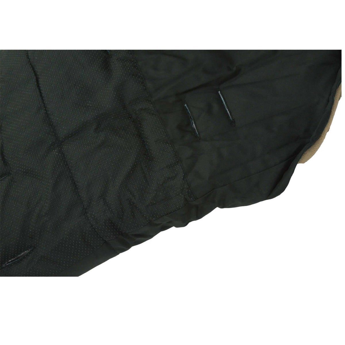 Close-up of a black quilted footmuff with pink lining on a white background