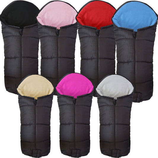 Set of black footmuff covers with colorful interior options on a white background
