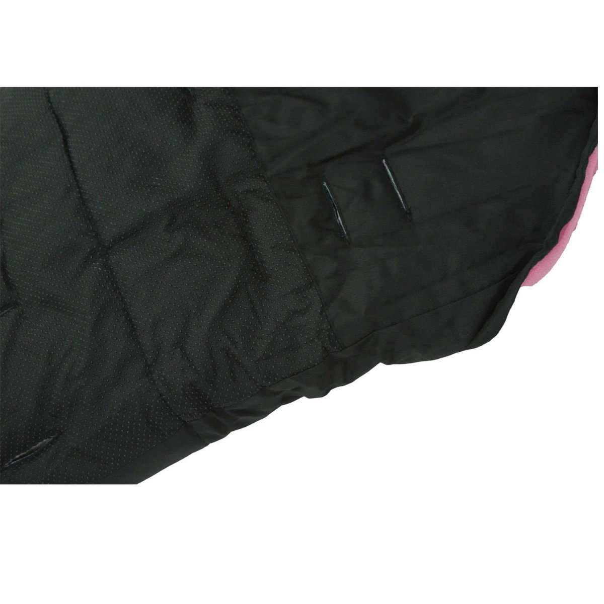 Close-up of a black quilted footmuff with pink lining on a white background