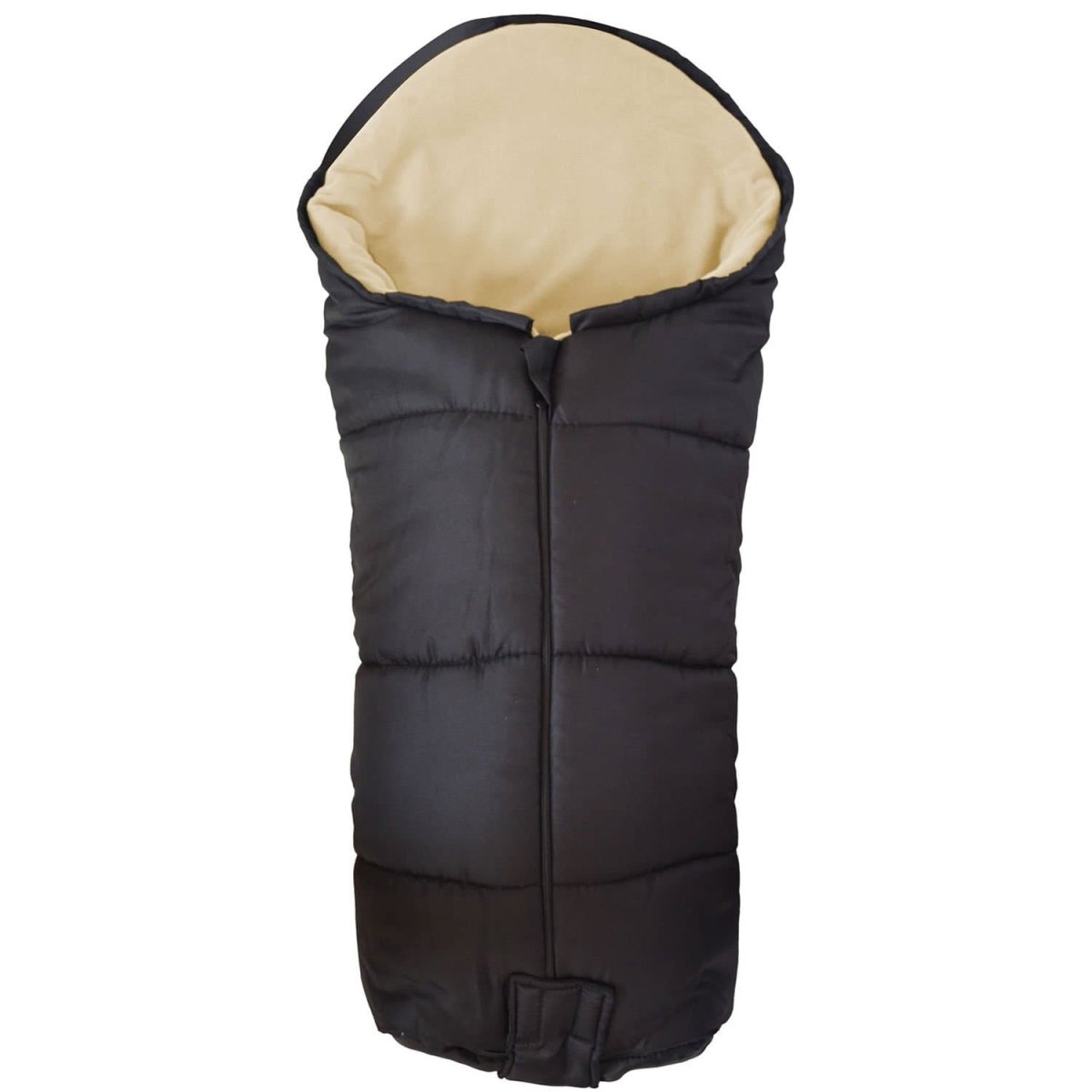 Black footmuff with beige interior on a white background