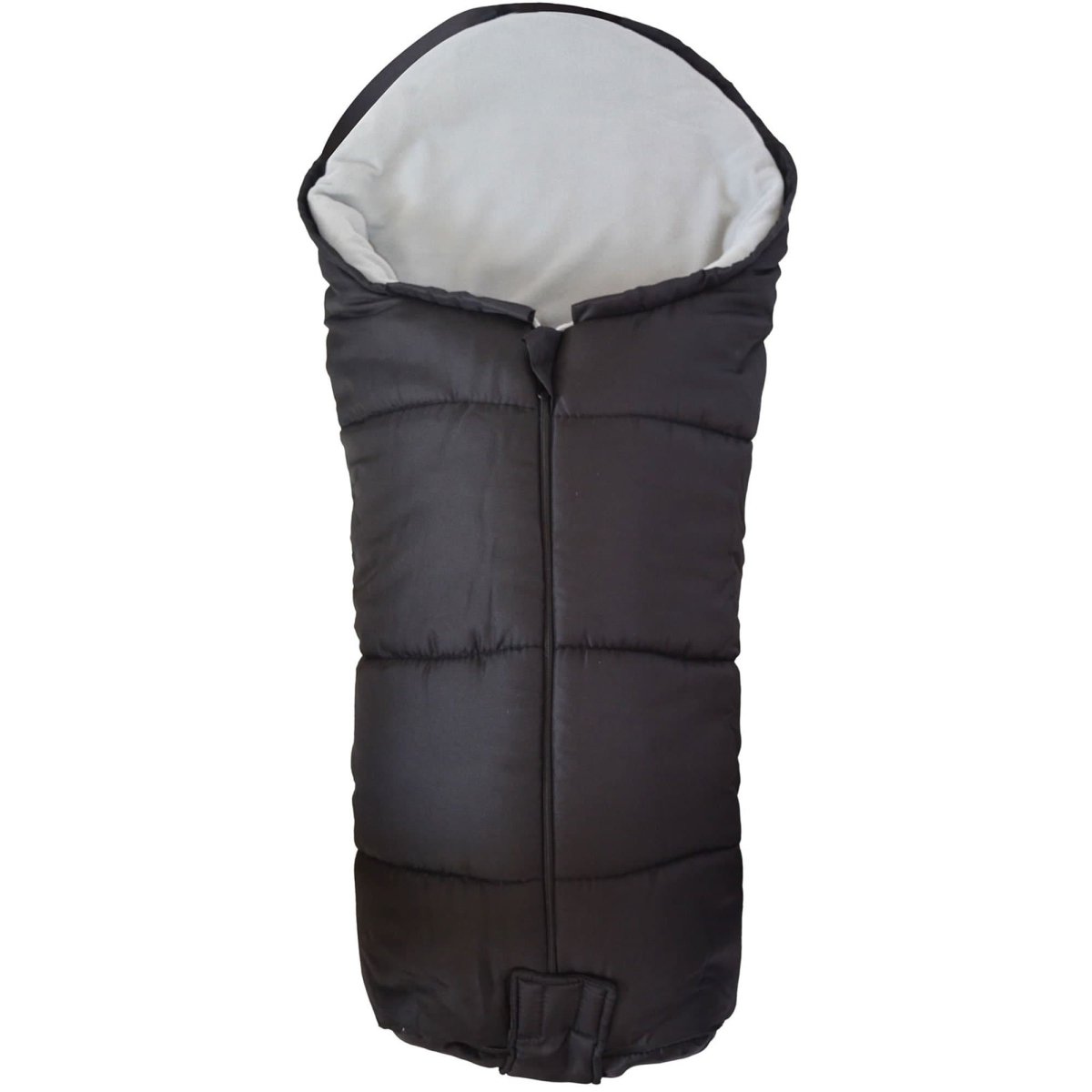 Dark gray footmuff with white lining on a white background