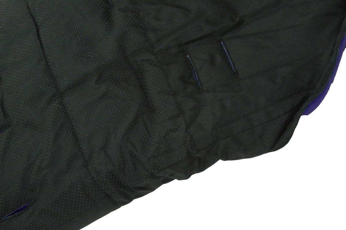Close-up of a black quilted footmuff with a white background