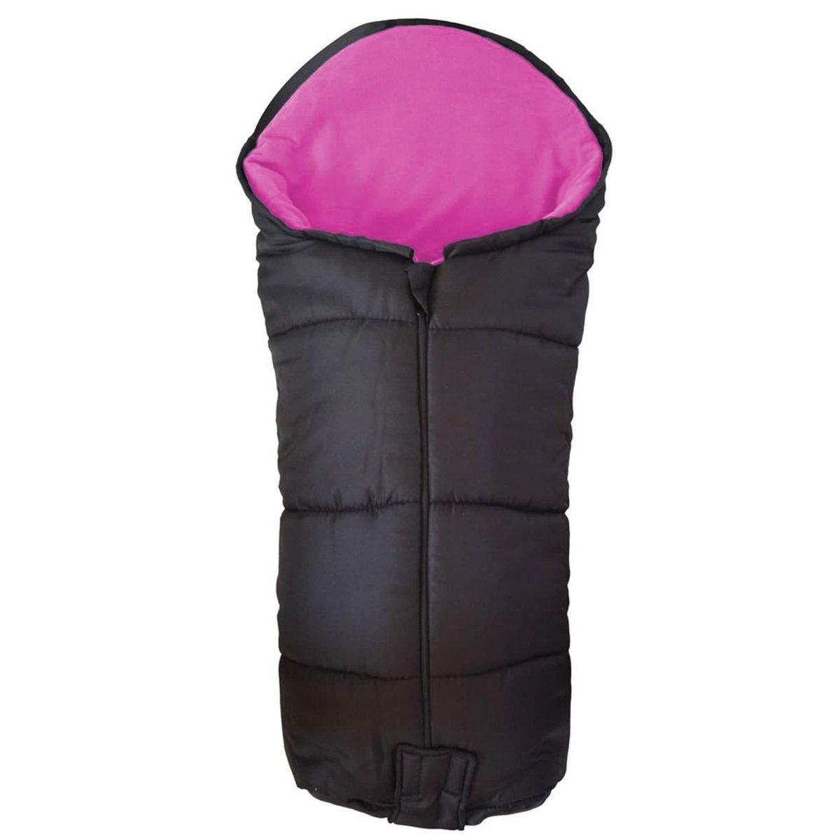Black footmuff with pink interior on a white background