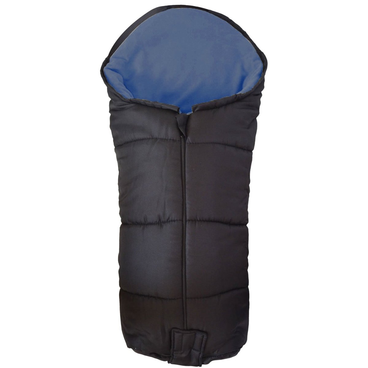 Black footmuff with blue interior on a white background