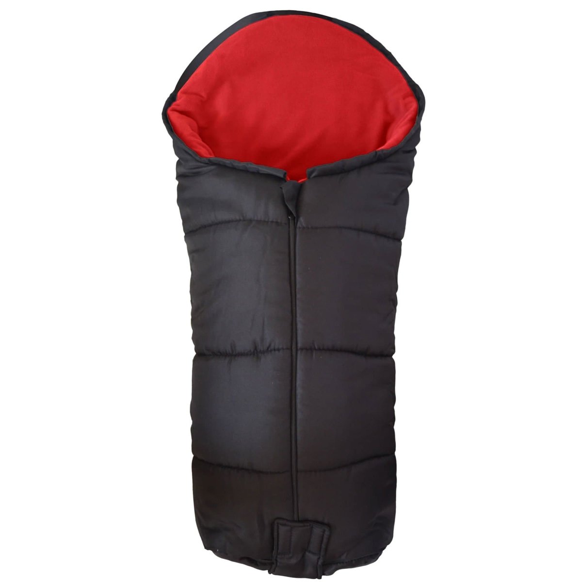 Black footmuff with red interior on a white background