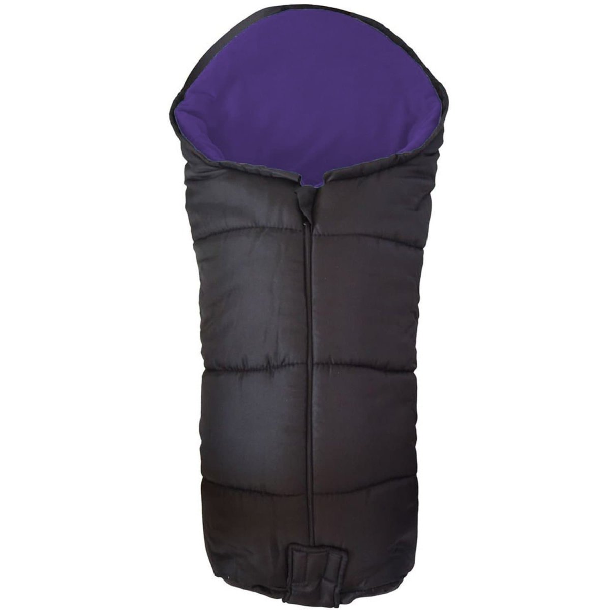 Black footmuff with purple interior on a white background