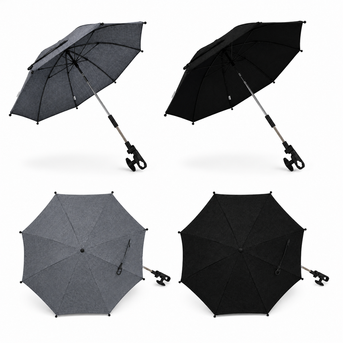 Universal Baby Pushchair Parasol showing Midnight Black and Grey Mist colourways with flexible arms and attachment clamps