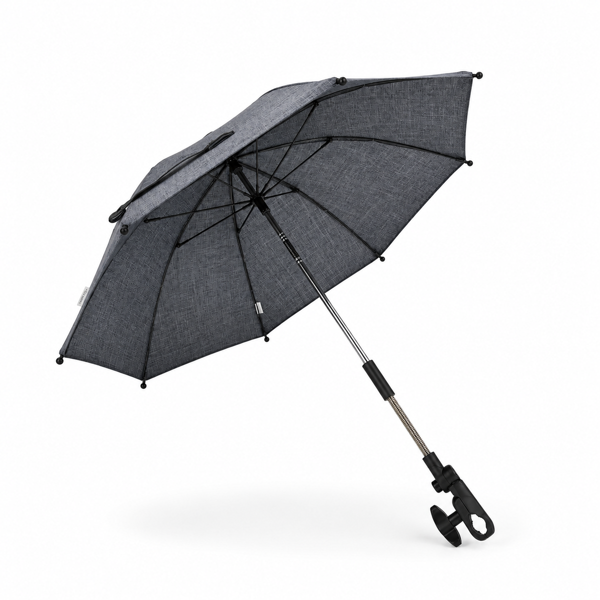 Universal Baby Pushchair Parasol in Grey Mist shown at an angle with flexible arm and attachment clamp