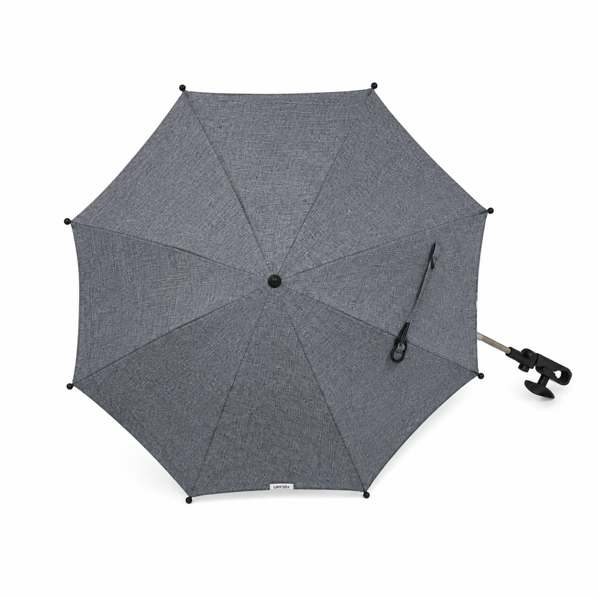 Universal Baby Pushchair Parasol in Grey Mist shown from above with open canopy and attachment clamp