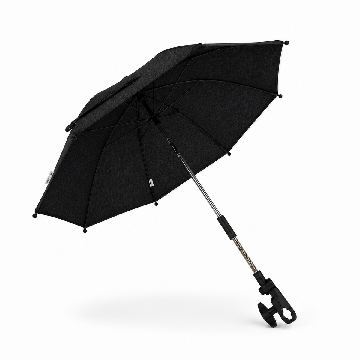 Universal Baby Pushchair Parasol in Midnight Black shown at an angle with flexible arm and attachment clamp