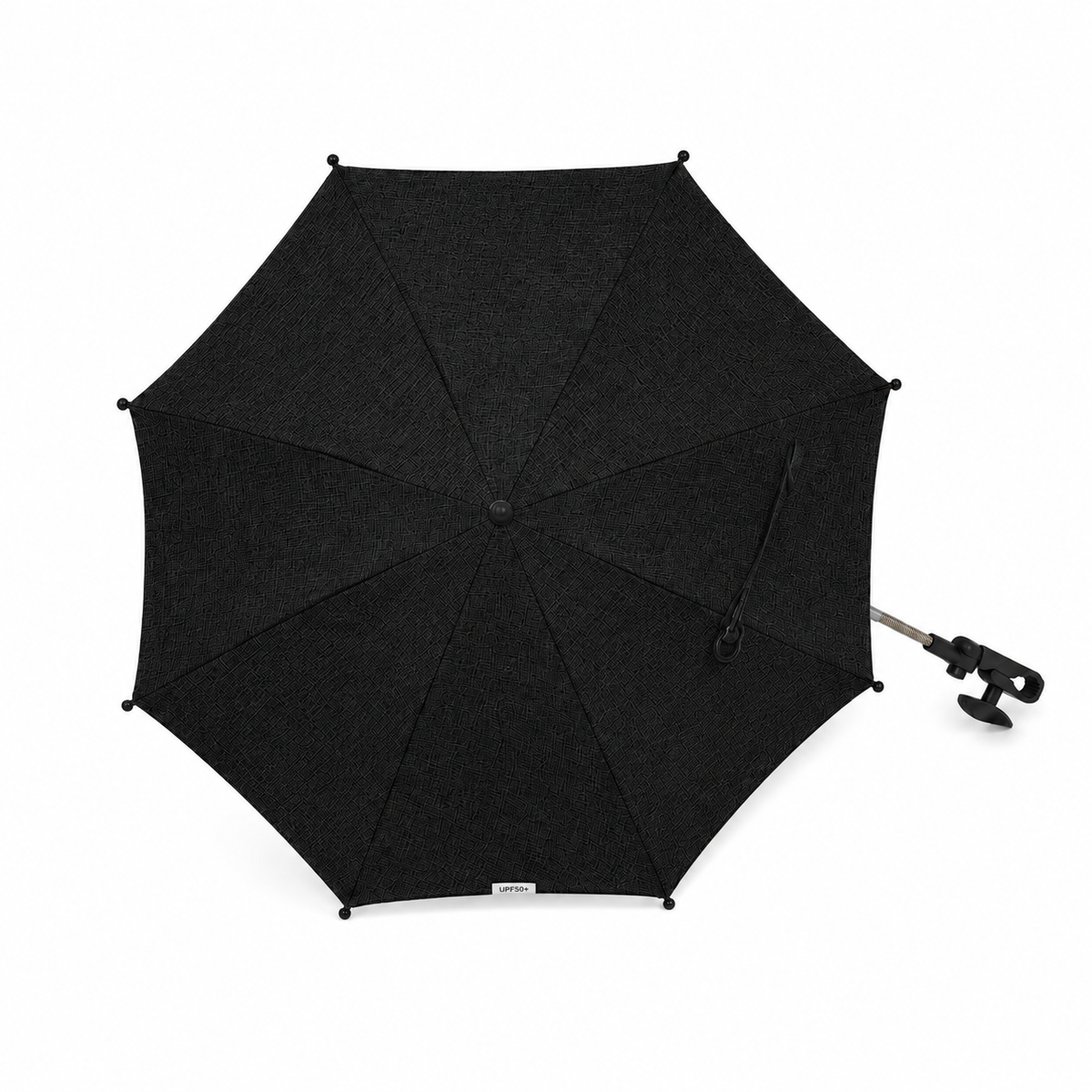 Universal Baby Pushchair Parasol in Midnight Black shown from above with open canopy and attachment clamp