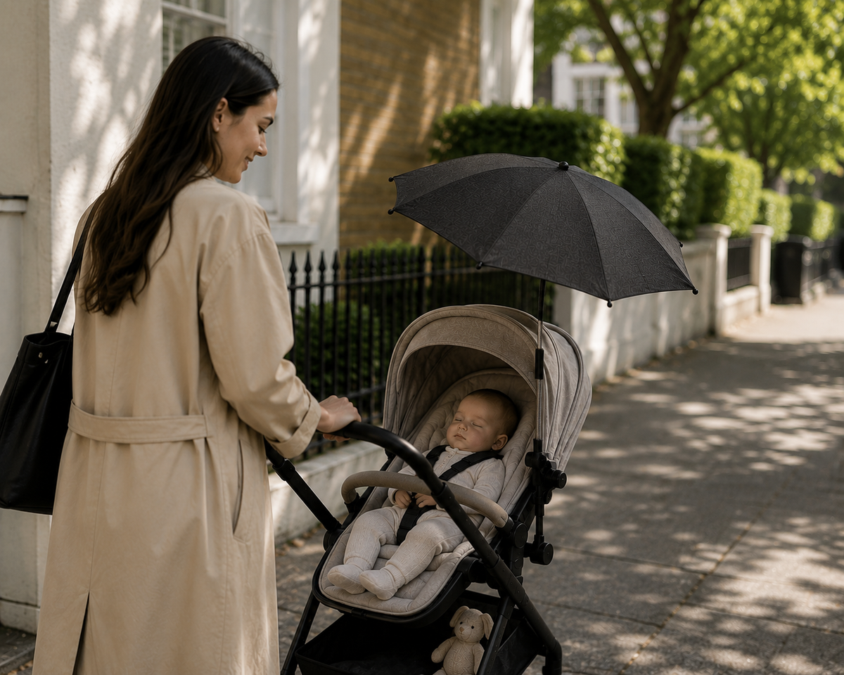 Universal Baby Pushchair Parasol in Midnight Black fitted to a pushchair during an outdoor family walk