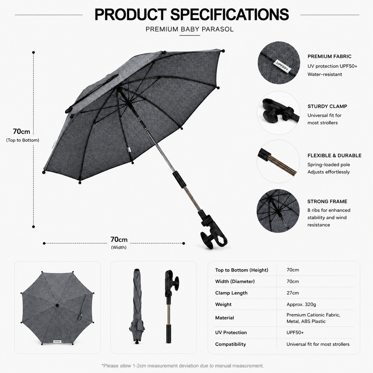 Universal Baby Pushchair Parasol specification graphic showing the canopy, flexible positioning arm, clamp and product details